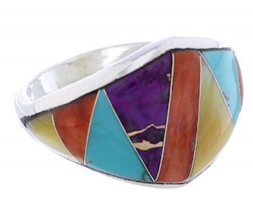 Sterling Silver Southwest Multicolor Inlay Ring Size 8-1/2 EX22469