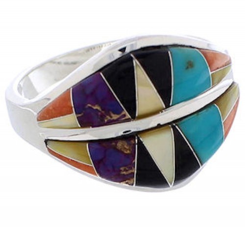 Silver Turquoise Multicolor Inlay Jewelry Ring Size 6-3/4 MX23435