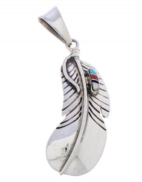 Feather Jewelry Multicolor Inlay Southwestern Silver Pendant MX21930