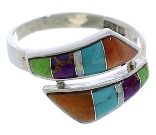 Genuine Sterling Silver Multicolor Inlay Ring Size 8-1/2 VX36326