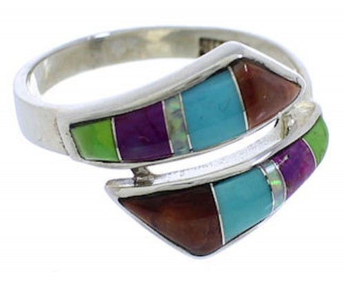 Turquoise Multicolor Inlay Sterling Silver Ring Size 7-3/4 VX36348