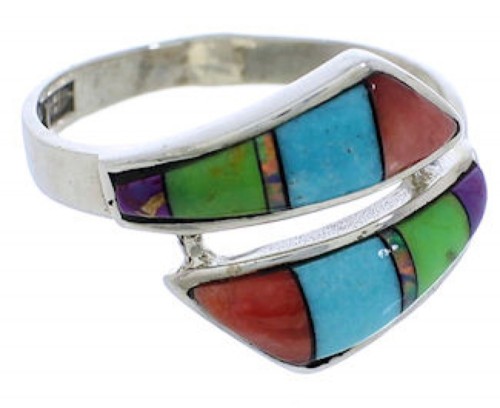 Authentic Sterling Silver Multicolor Inlay Ring Size 7-1/2 VX36432