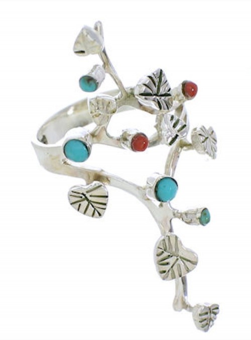 Turquoise And Coral Sterling Silver Southwest Ring Size 7-1/2 EX22736