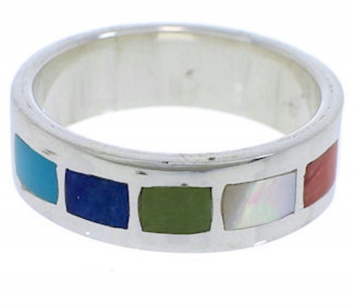 Southwest Sterling Silver Multicolor Inlay Ring Size 6-1/2 UX38017