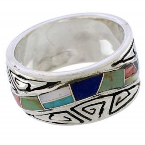 Multicolor Inlay Water Wave Silver Ring Size 8-1/4 EX40882