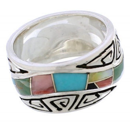 Sterling Silver Multicolor Inlay Water Wave Ring Size 5-1/4 EX40887