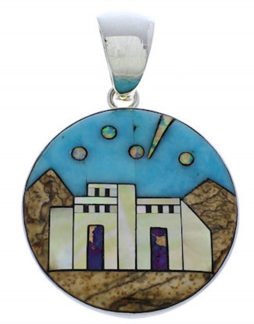 Multicolor Silver Native American Village Design Pendant MX22229