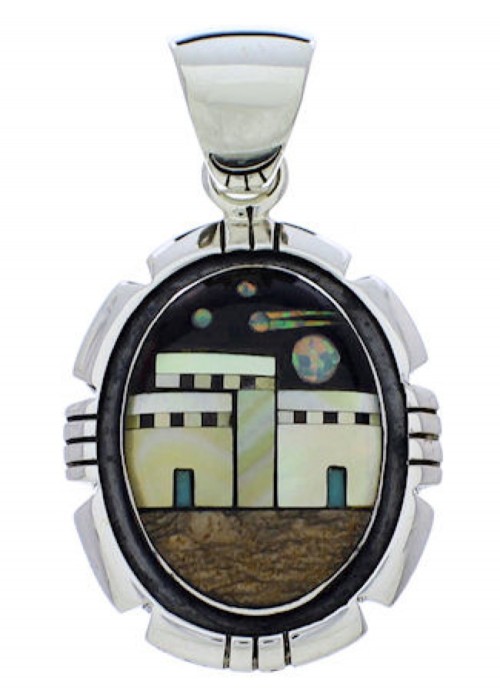 Silver Native American Village Design Multicolor Pendant MX22275