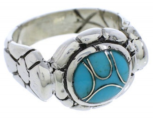 Turquoise Inlay Southwestern Silver Ring Size 7-3/4 WX39491