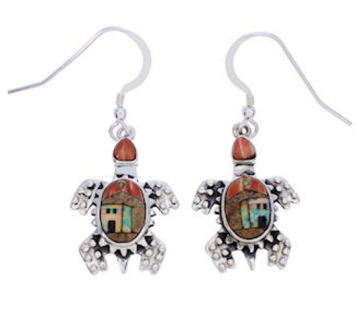 Multicolor Native American Design Turtle Silver Earrings EX32317