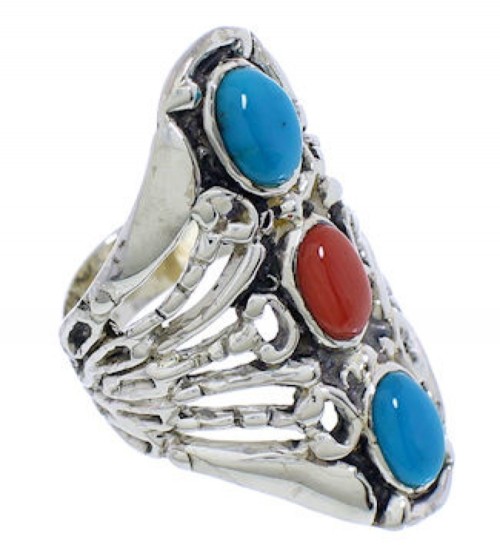 Turquoise And Coral Sterling Silver Ring Size 5-3/4 UX32885