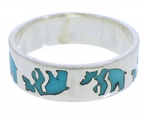 Turquoise Inlay And Sterling Silver Bear Ring Band Size 6-3/4 UX32557