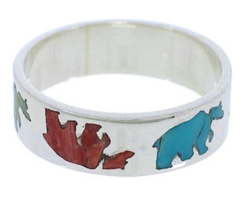 Multicolor Inlay Silver Bear Ring Band Size 7-1/2 UX32593