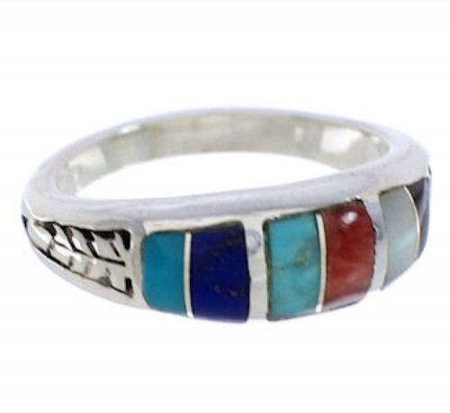 Southwestern Sterling Silver Multicolor Inlay Ring Size 4-3/4 UX35244