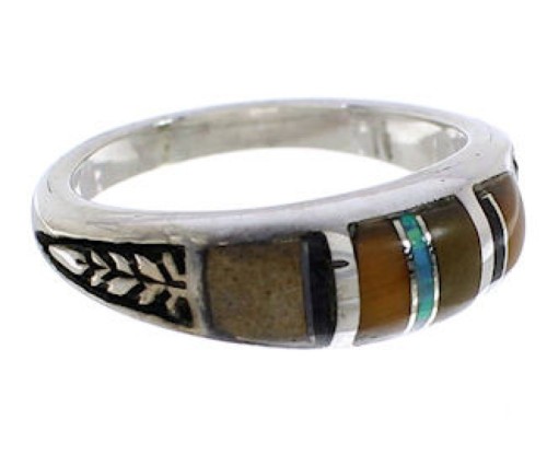 Southwestern Sterling Silver Multicolor Inlay Ring Size 5-3/4 UX35313
