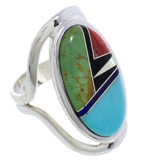 Southwest Sterling Silver Multicolor Inlay Ring Size 6-1/4 JX37663