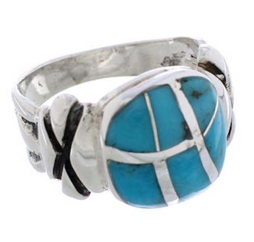 Southwestern Silver And Turquoise Inlay Ring Size 4-3/4 TX39941