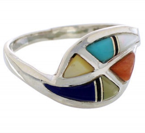 Southwest Multicolor Inlay Silver Ring Size 7-1/4 EX44191