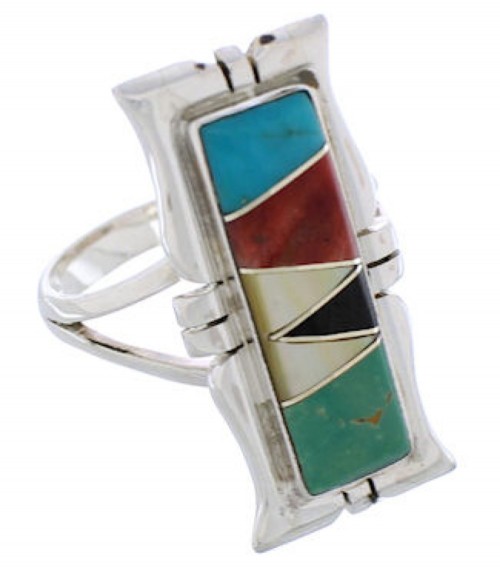 Sterling Silver Multicolor Inlay Southwestern Ring Size 6-3/4 WX41274