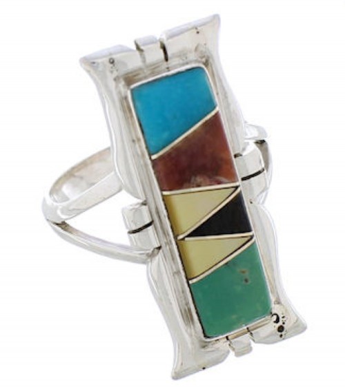 Southwestern Sterling Silver Multicolor Inlay Ring Size 5-3/4 WX41277