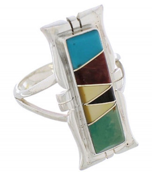 Southwestern Silver Multicolor Inlay Ring Size 7-1/4 WX41278