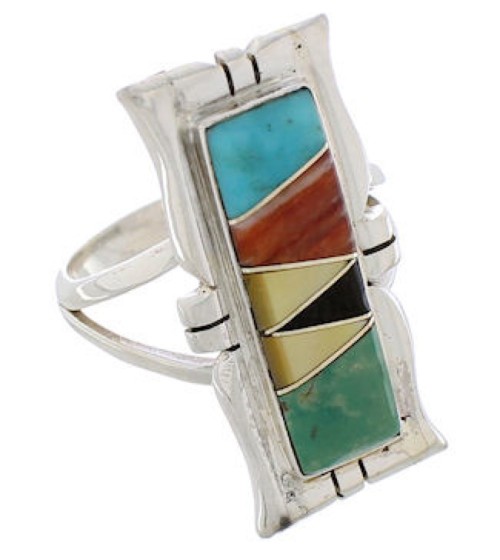 Sterling Silver Southwest Multicolor Inlay Ring Size 5-3/4 WX41361