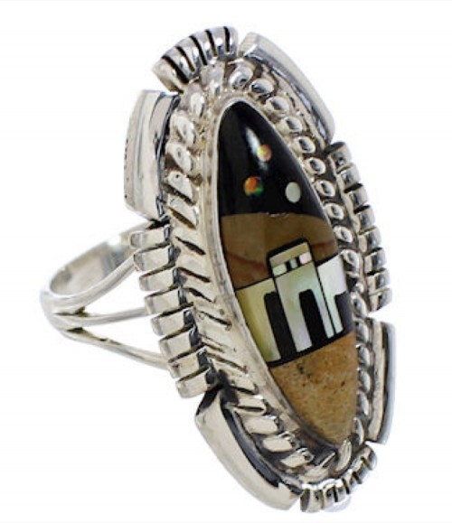 Multicolor Silver Native American Design Ring Size 7-1/2 WX41503