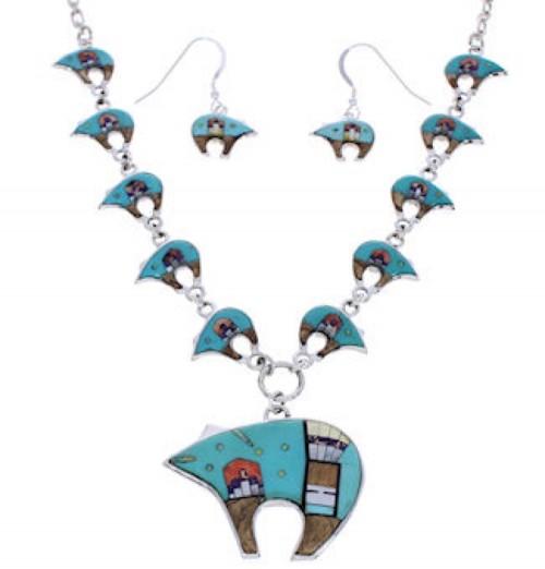 Multicolor Bear Native American Mesa Design Link Necklace Set PX37976