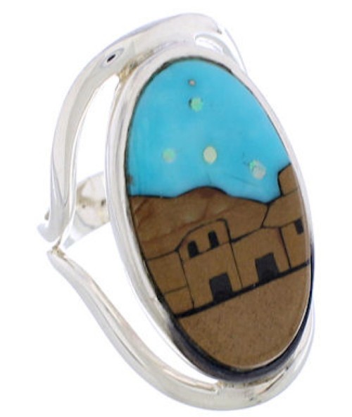 Native American Pueblo Design Multicolor Inlay Ring Size 6 EX42300