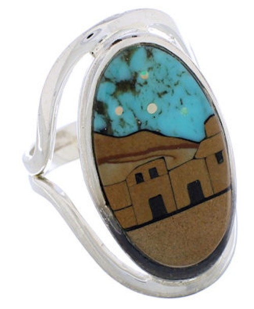 Native American Pueblo Design Silver Multicolor Ring Size 5 EX42338