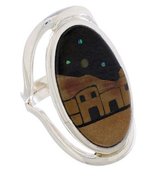 Multicolor Inlay Native American Pueblo Design Ring Size 5-1/2 EX42352