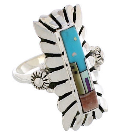 Multicolor Native American Design Silver Ring Size 8-3/4 EX42366