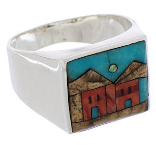 Native American Pueblo Design Multicolor Ring Size 11-3/4 EX42404