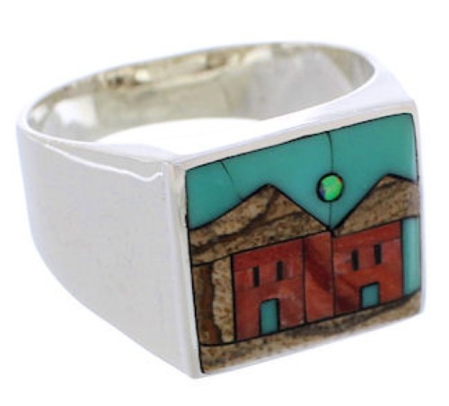 Native American Pueblo Design Multicolor Silver Ring Size 12 EX42408