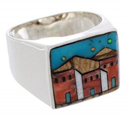 Multicolor Native American Design Silver Ring Size 9-3/4 EX42413