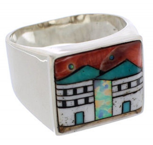 Native American Pueblo Design Multicolor Ring Size 11-3/4 EX42430