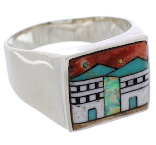 Native American Village Design Multicolor Silver Ring Size 10 EX42437