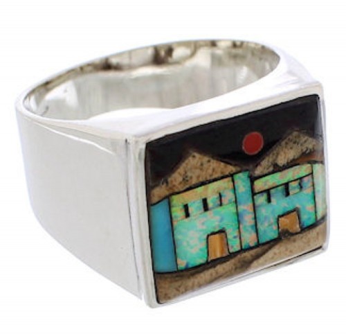 Native American Pueblo Design Multicolor Inlay Ring Size 9-3/4 EX42465