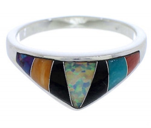 Multicolor Inlay Sterling Silver Southwest Ring Size 7-3/4 VX36933