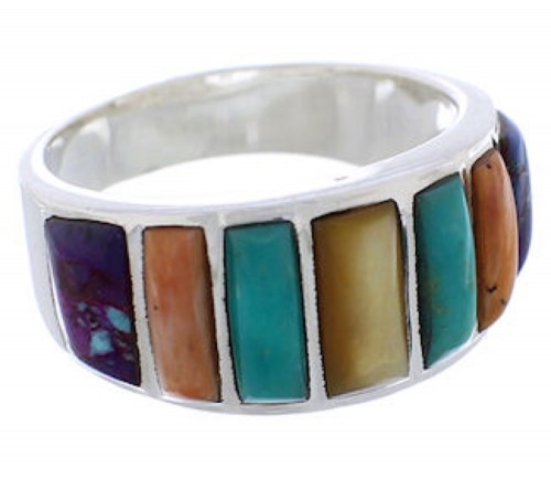  Southwestern Sterling Silver Multicolor Inlay Ring Size 7-1/2 AX36770