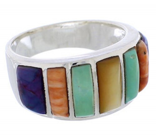  Southwest Sterling Silver Multicolor Inlay Ring Size 6-3/4 AX36782