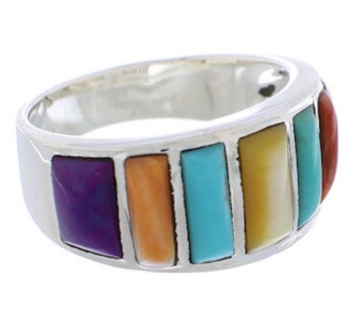 Sterling Silver Jewelry Multicolor Inlay Ring Size 6-3/4 AX36826