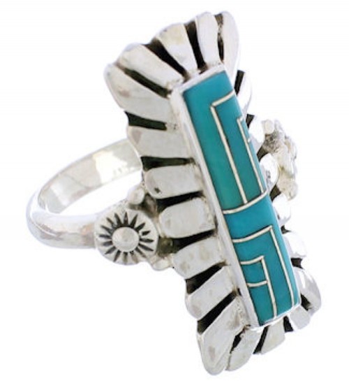 Southwest Turquoise Inlay Silver Ring Size 7-3/4 EX42806