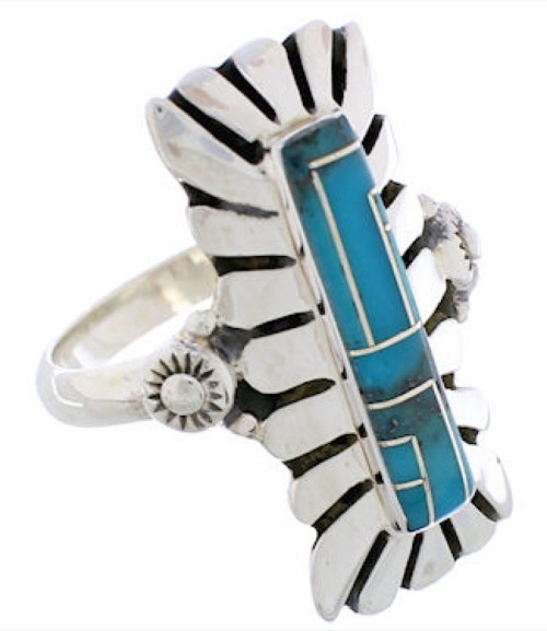 Sterling Silver Turquoise Inlay Ring Size 8-1/4 EX42815