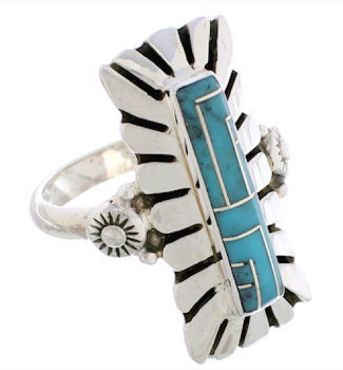 Turquoise Inlay Silver Southwest Ring Size 7-3/4 EX42860