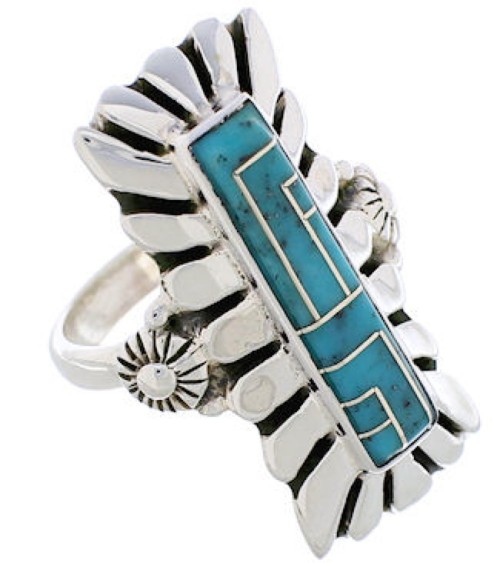 Southwest Turquoise Inlay Silver Ring Size 5-1/4 EX42864