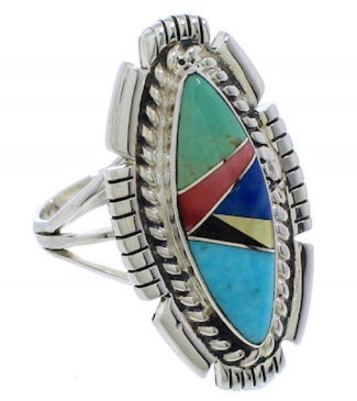 Multicolor Inlay Southwestern Sterling Silver Ring Size 8-1/4 TX40773
