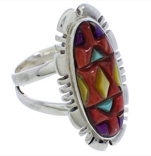 Southwestern Sterling Silver Multicolor Inlay Ring Size 5-3/4 TX38014