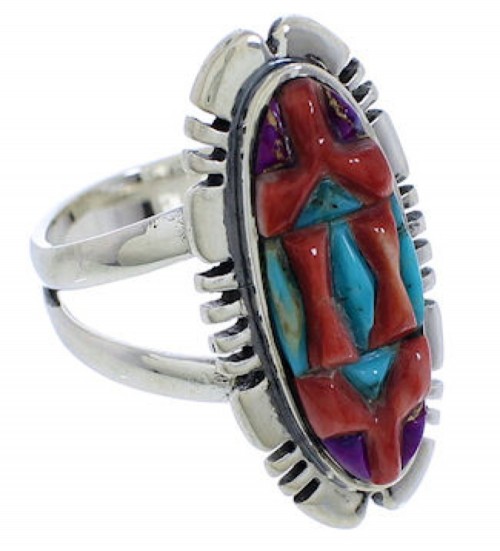 Silver Southwest Multicolor Inlay Ring Size 6-3/4 TX38058