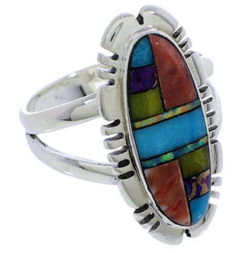 Genuine Silver Multicolor Inlay Ring Size 7-1/2 TX38108
